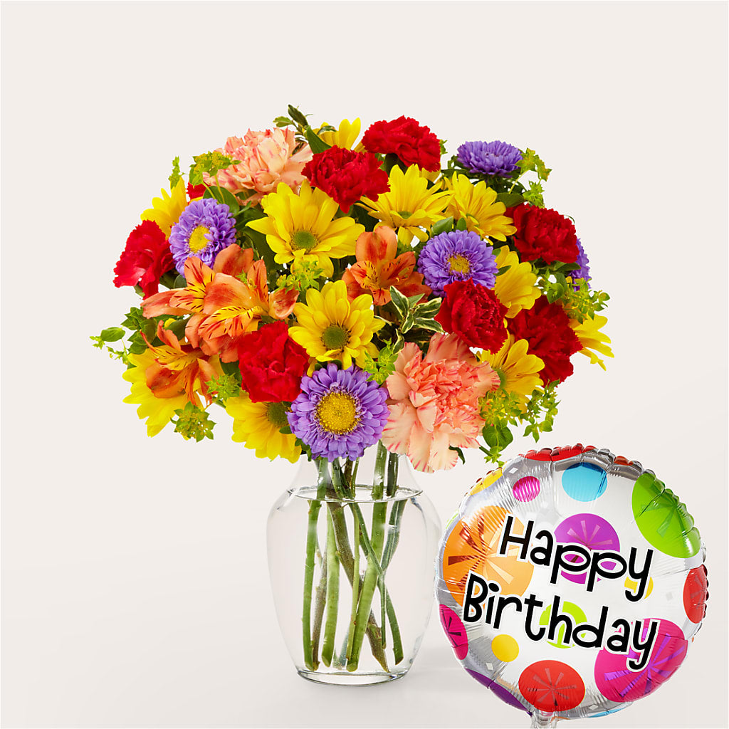 Kaleidoscope Bouquet with Birthday Balloon – Flowersonsunday.com, Tontitown AR