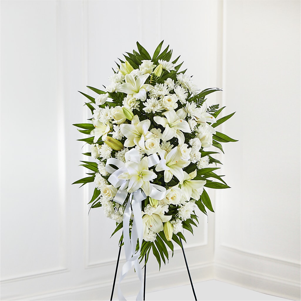 Exquisite Tribute Standing Spray-White Ribbon – Flowersonsunday.com, Tontitown AR